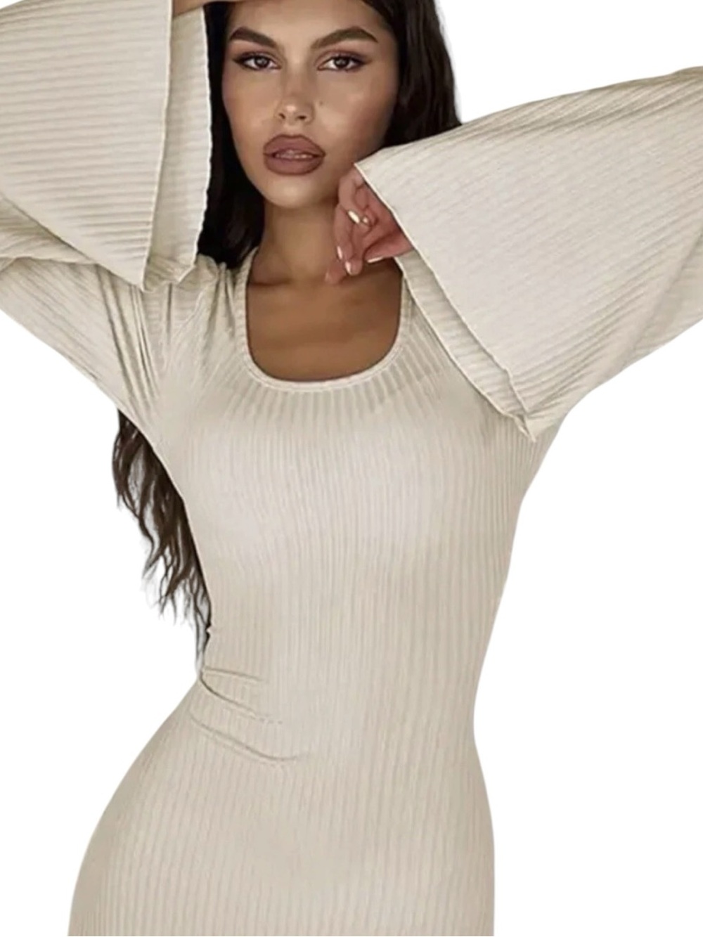 Ribbed Cream Bell-Sleeve Bodycon Dress size s
